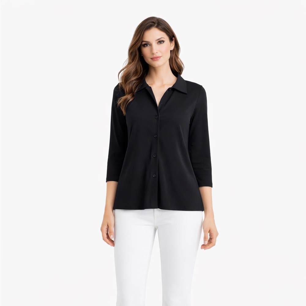 AGB Stretch Textured Button Down Black Top